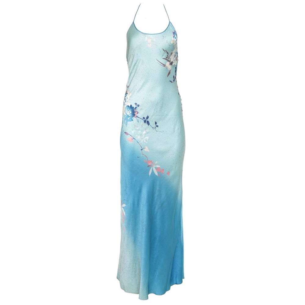 Roberto Cavalli 1999 Blue Floral Satin Slip Dress